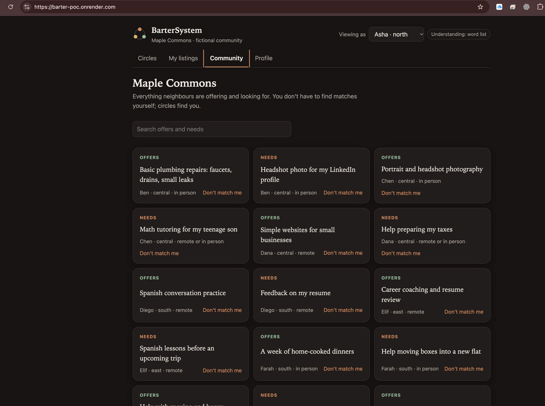 Maple Commons community offers and needs, including Ben’s plumbing, Chen’s photography and tutoring need, regions, participation modes, and matching opt-out controls.